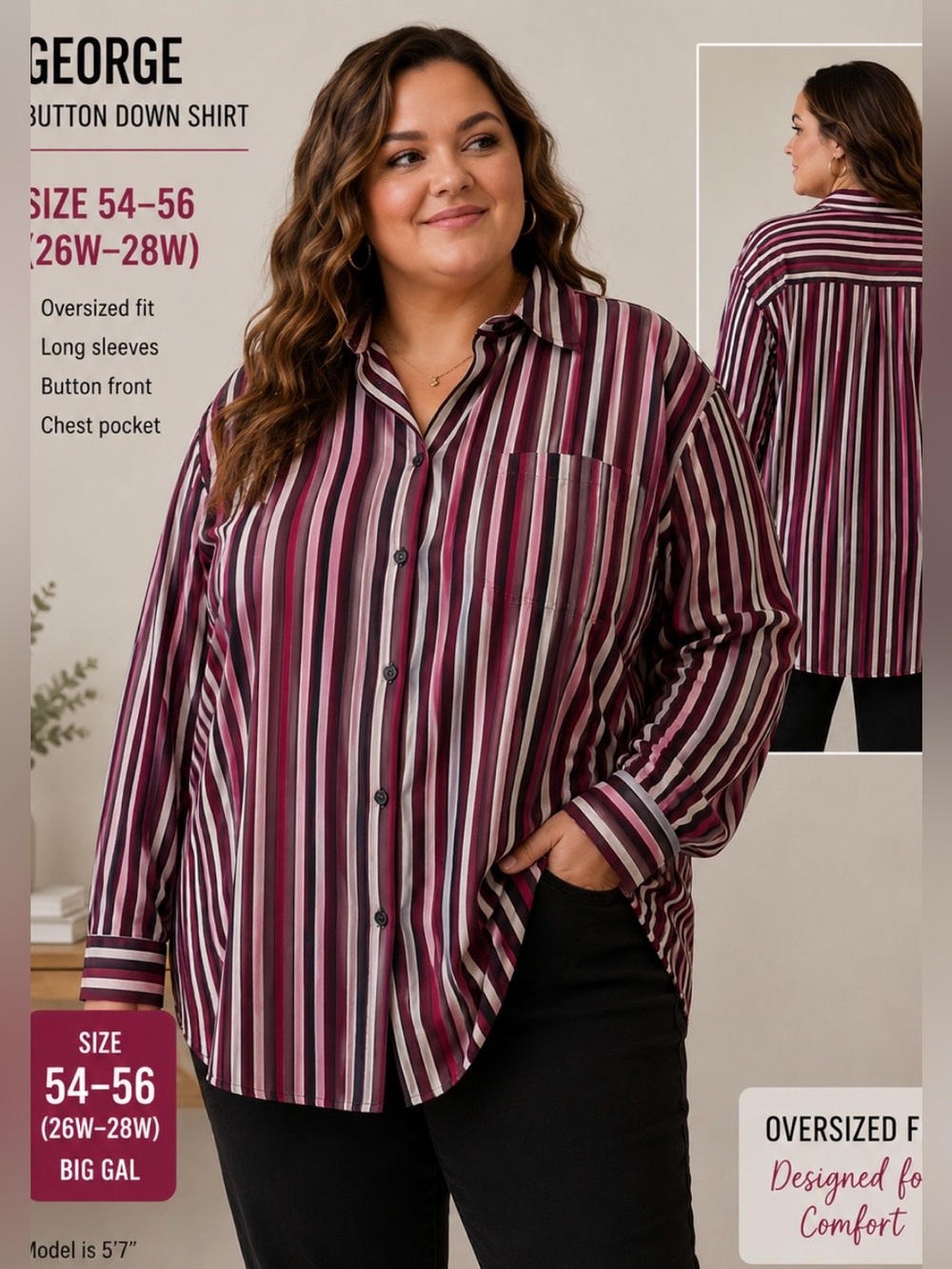 Woman’s size 3X (54-56) Button Down Top Very Nice and Comfortable Fit.
